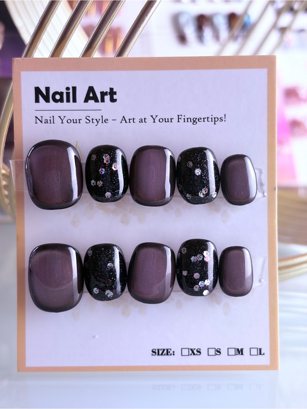 Glossy Cat Eye & Black Glitter Press-On Nails Large